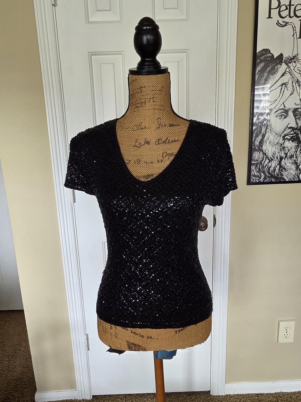 Black Beaded Women's V-Neck Top